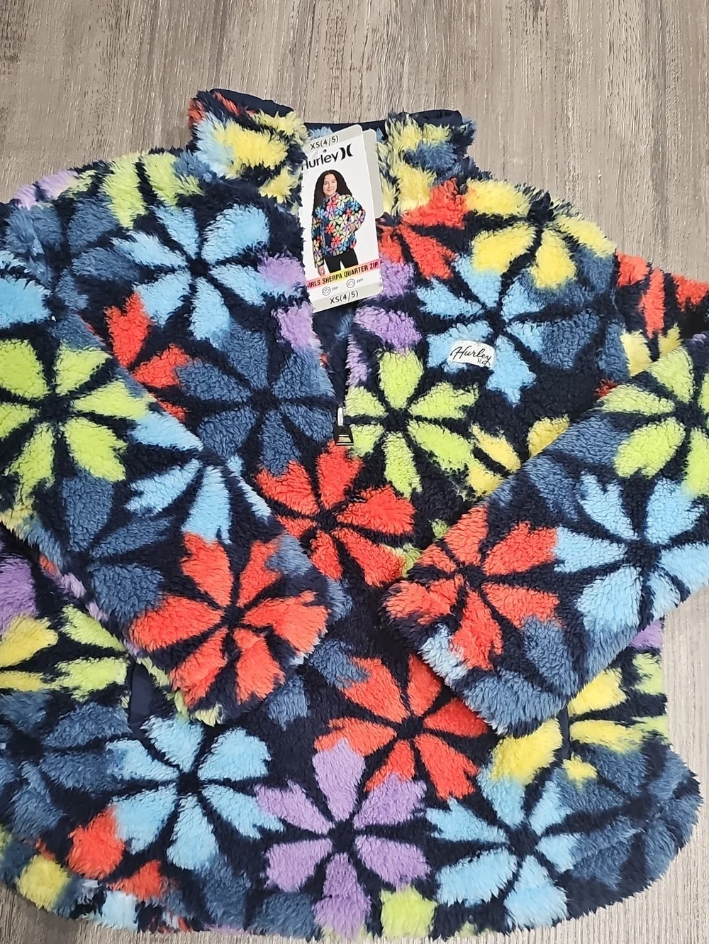 Hurley Kids Navy Fuzzy Pullover with Multicolor Floral Stars